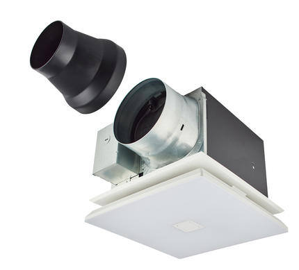 Ventilation fan with a detached round duct and square ceiling mount.