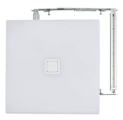 Square ventilation fan with a central switch and side mounting bracket.