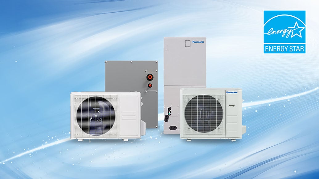 2 sets of Panasonic HVAC systems: one hybrid heating and one central heat pumps, both showing an indoor and an outdoor units, as well as an ENERGY STAR logo on the top-right corner of the image on a blue background.