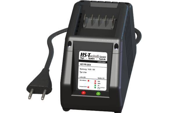 Black HS-Technik battery charger with power cord and status indicators.