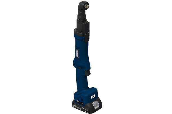 Blue 18V DC battery-powered angle driver tool on a white background.