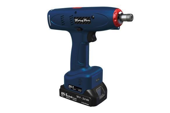 Blue and black cordless pistol torque driver with a battery pack.