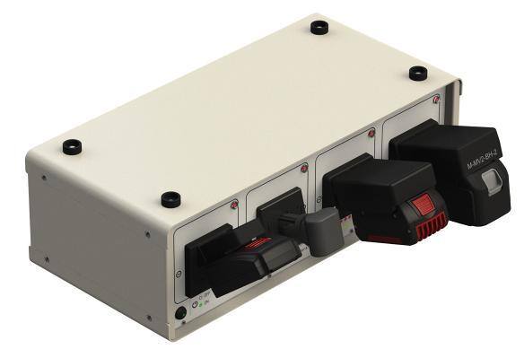 Four-bay battery charger with black and red accents.