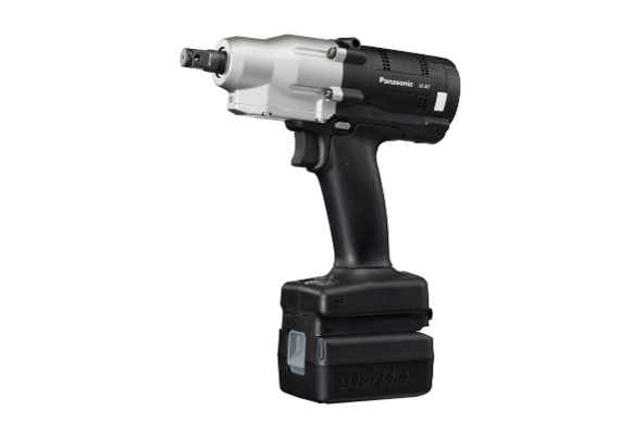 Silver and black cordless impact wrench with a battery pack.