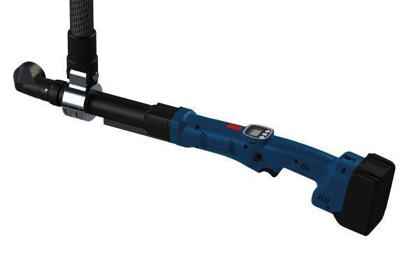 Blue and black electronic torque wrench with digital display and adjustable head.