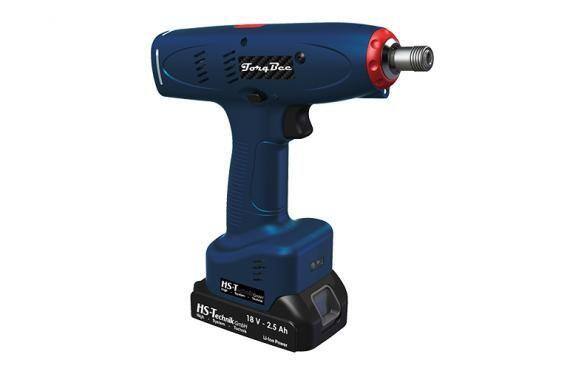 Blue and red cordless pistol grip screwdriver with a battery pack.