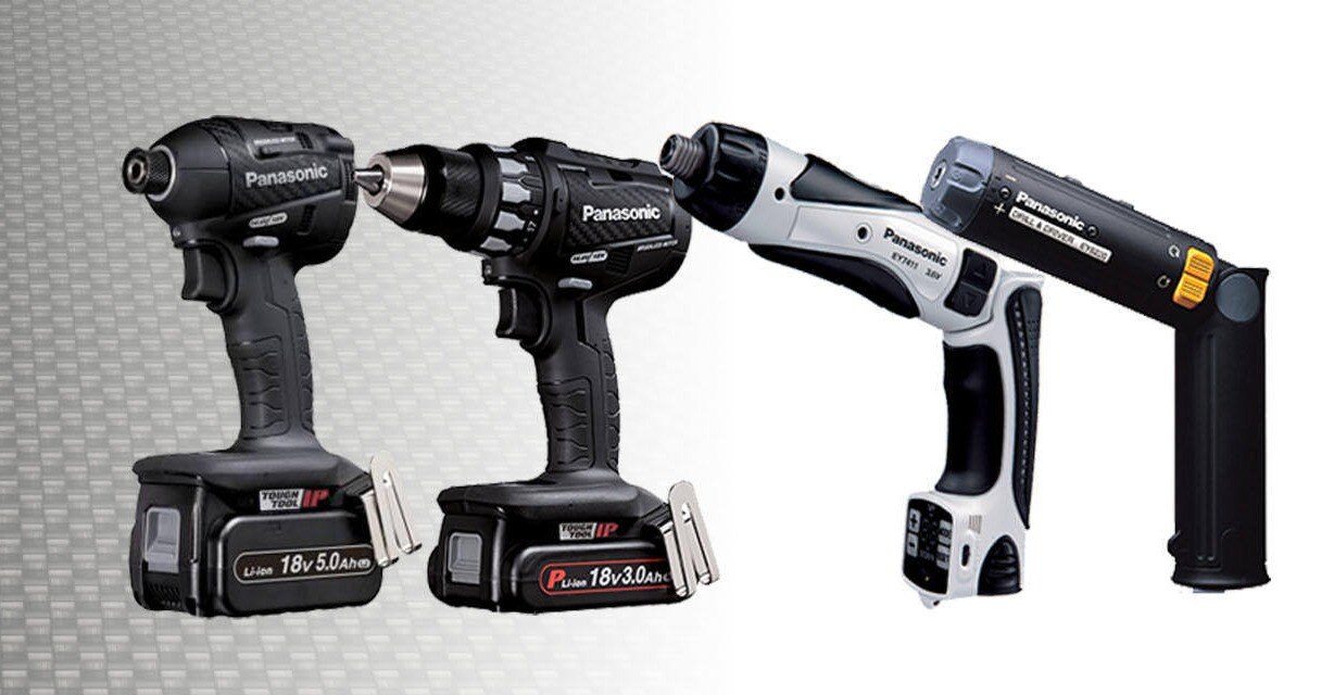 Two Panasonic electric drills and two Panasonic electric screwdrivers side-by-side