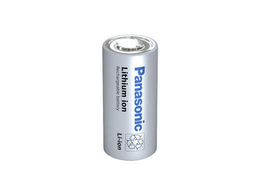 Panasonic cylindrical Li-ion battery on a plain background.
