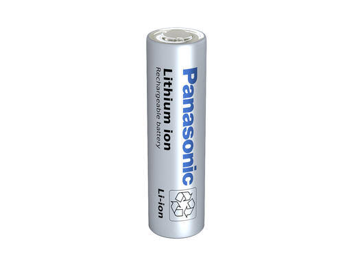 Panasonic lithium-ion cylindrical battery on a plain background.