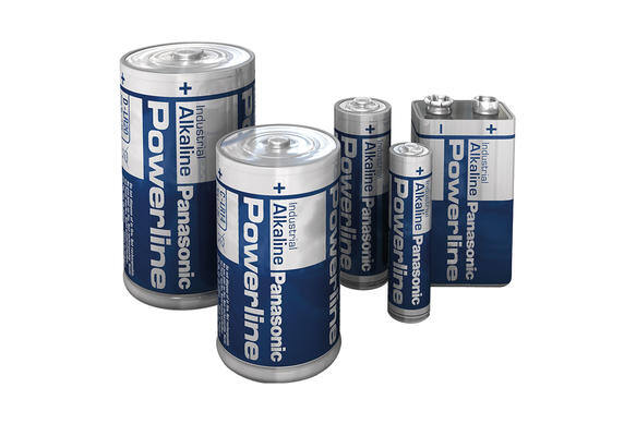 Panasonic Powerline alkaline batteries on white background.