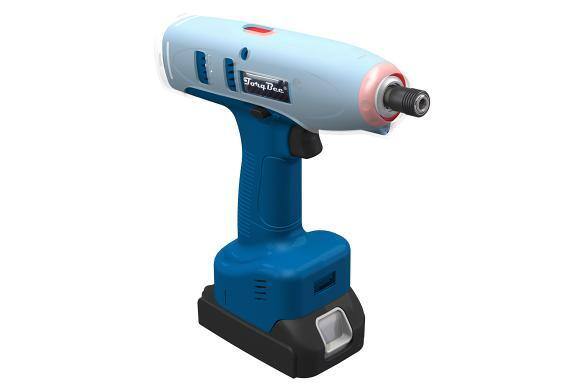 Outil de pistolet Torqbee bleu et blanc avec une couverture protectrice.
