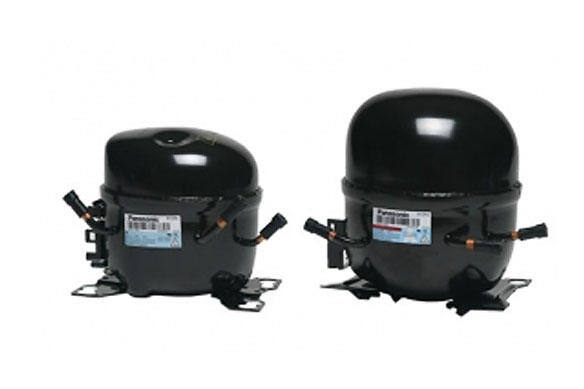 Two black refrigeration compressors on a white background.