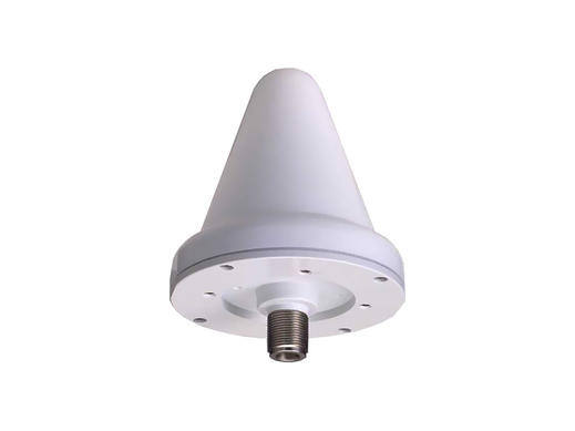 White conical antenna with a metallic base and connector.