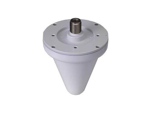 White conical antenna component with a metallic top plate and central bolt.
