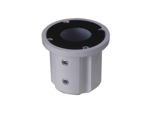Metallic cylindrical mount with a circular opening and side screws.