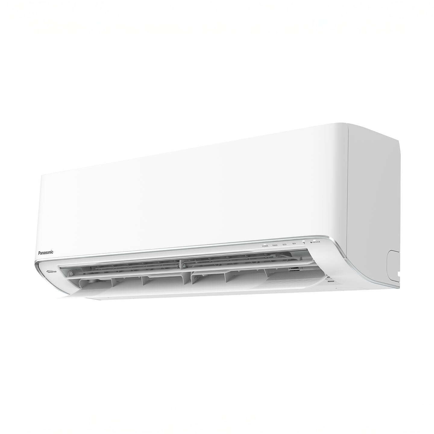 Unité de climatiseur Panasonic blanc sur un fond simple.