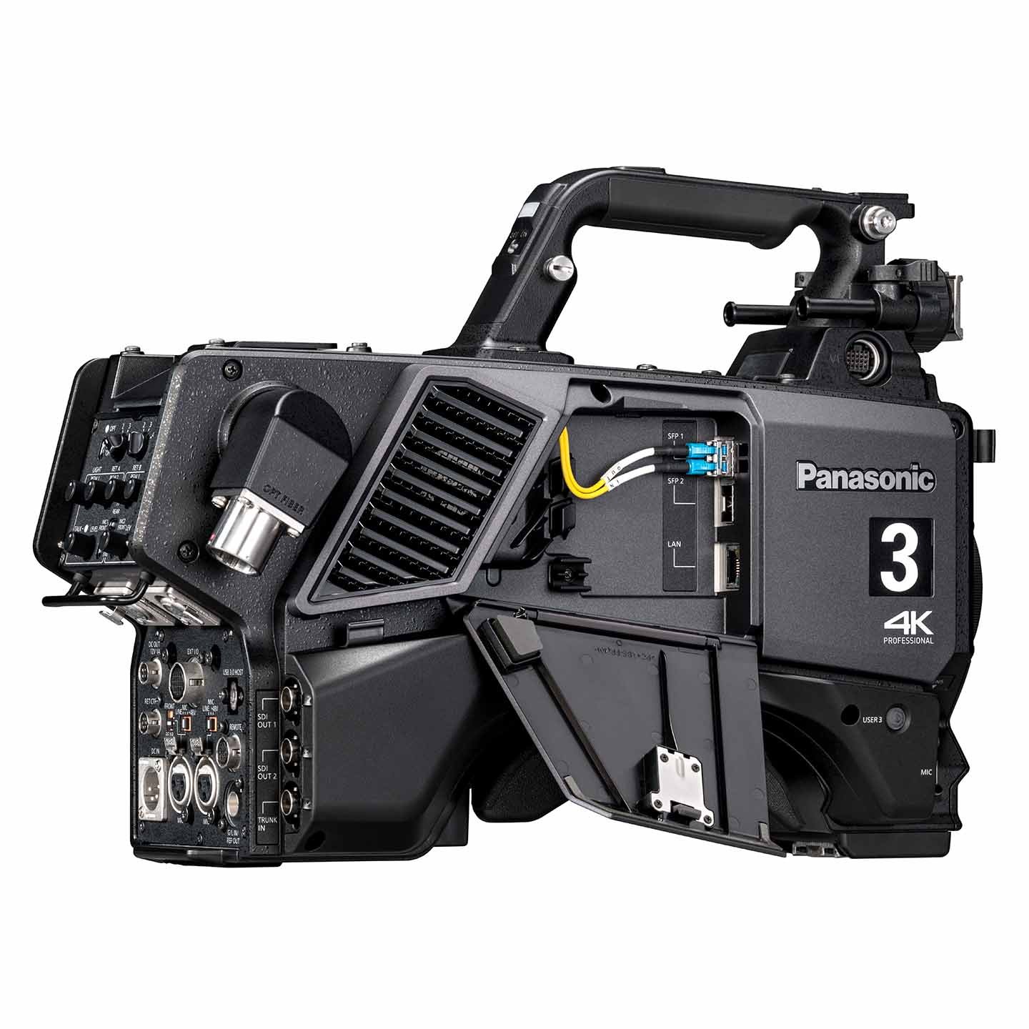 Open side compartment of the AK-UCX100 exposing internal connection terminals, including fiber and LAN interfaces for flexible system configuration.