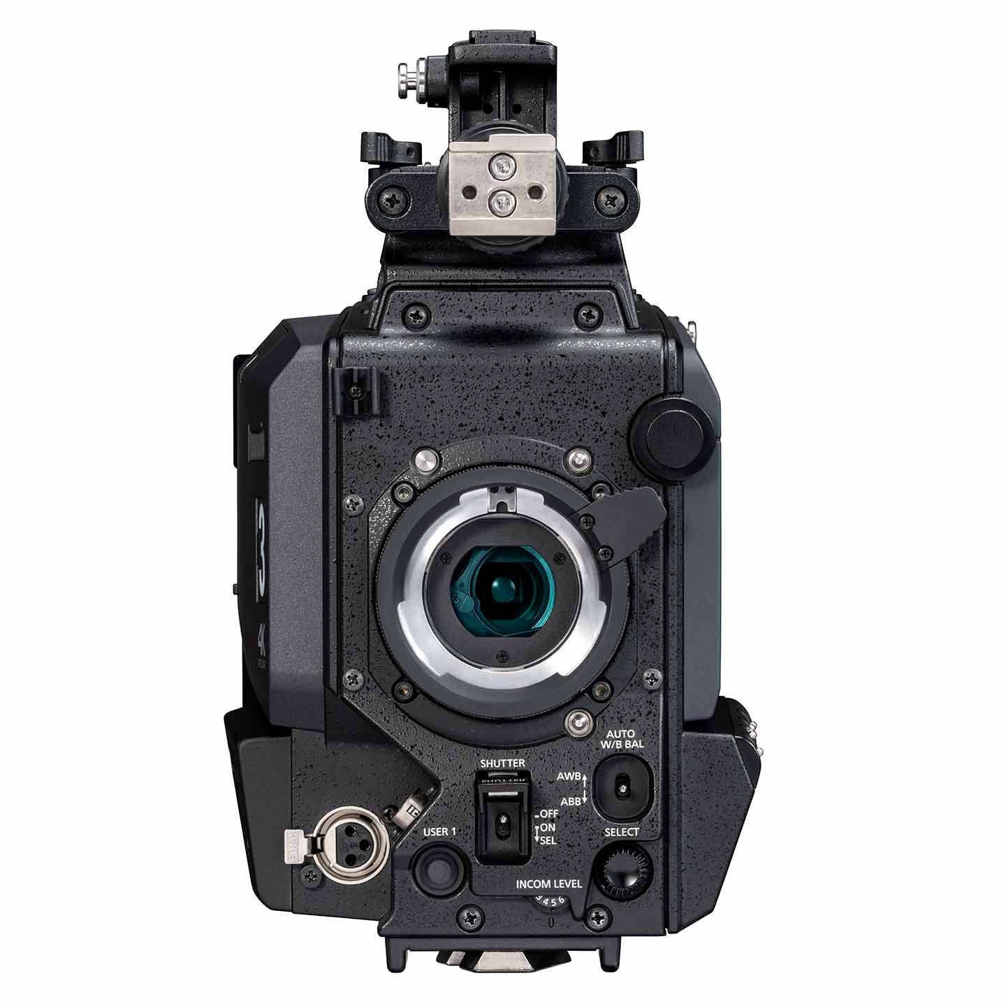 Front of AK-UCX100 camera with lens mount and optical block, accessible controls for shutter, white balance, and user settings positioned around the mount.