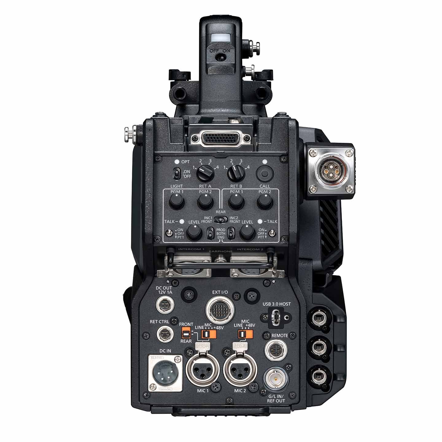 Rear camera panel highlights extensive connectivity, including audio inputs, intercom controls, USB, remote, and multiple broadcast I/O ports for studio Integration.