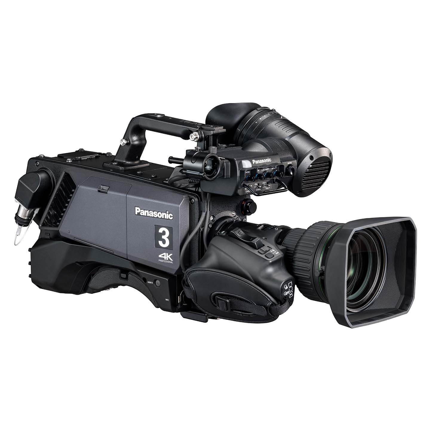 Angle view of the Panasonic camera AK-UCX100 with lens and viewfinder attached, highlighting its robust build and professional broadcast ergonomics.