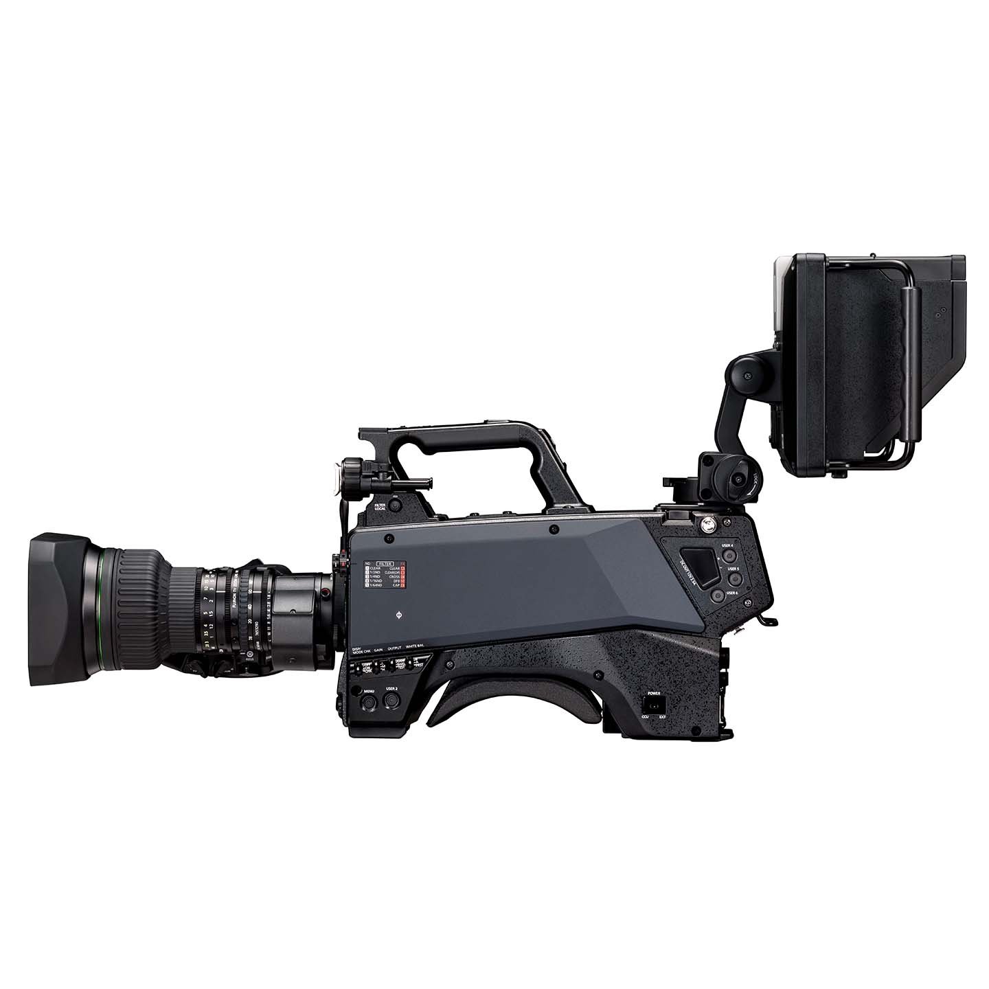 Side view of camera displaying the ergonomic body design, control buttons, and mounted viewfinder, optimized for studio and shoulder-style operation.