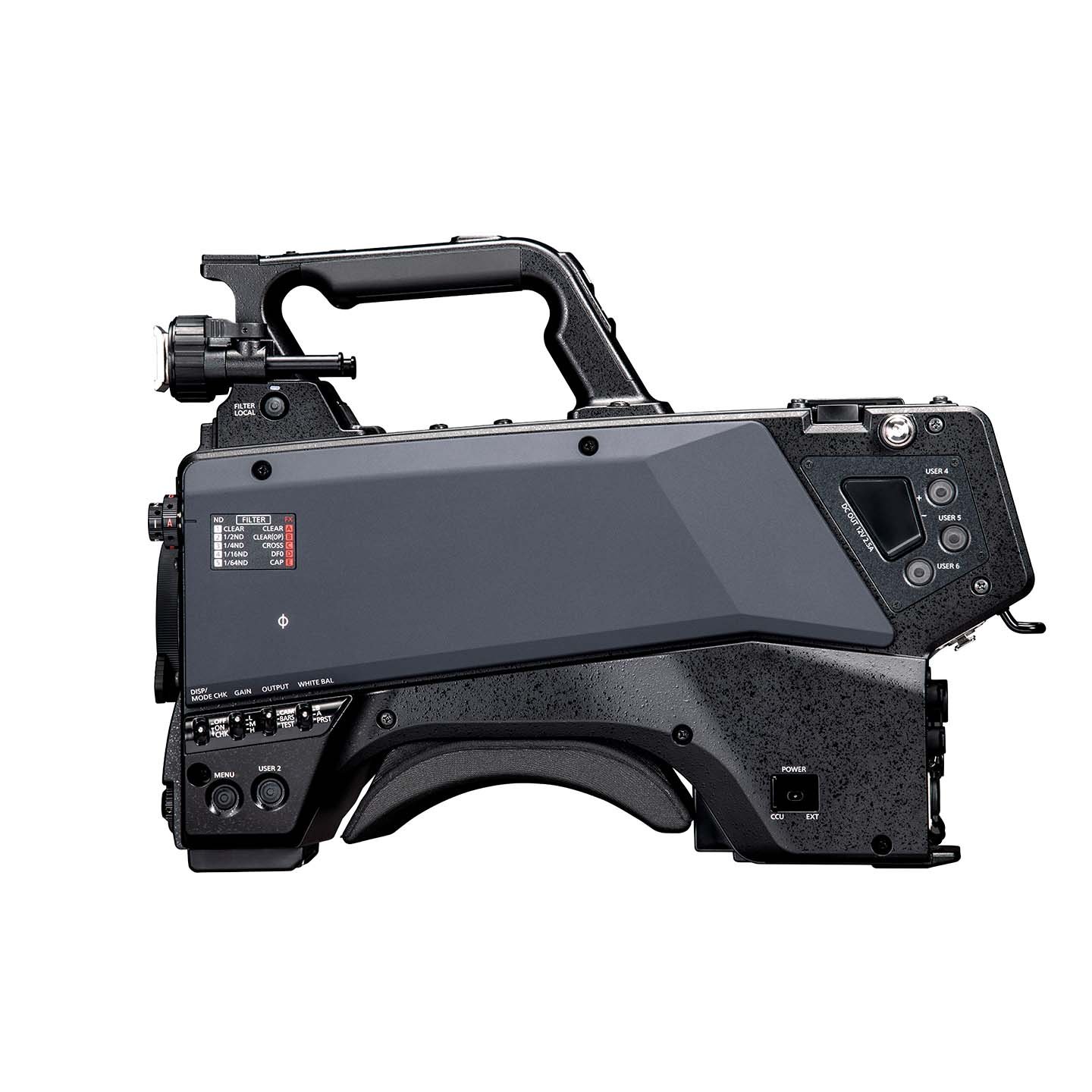Clean side view of the AK-UCX100 camera body emphasizing its streamlined housing, integrated handle, and control layout.