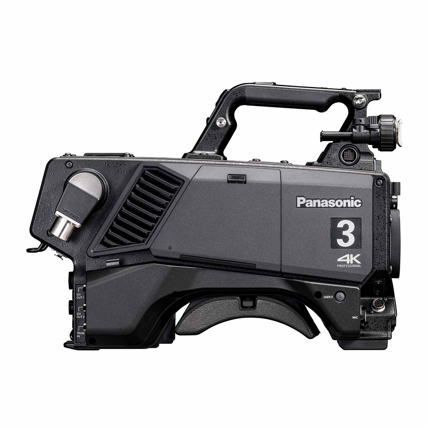 An opposite side view of the camera reveals ventilation, branding, and additional ports, along with the fiber connection interface for studio transmission.