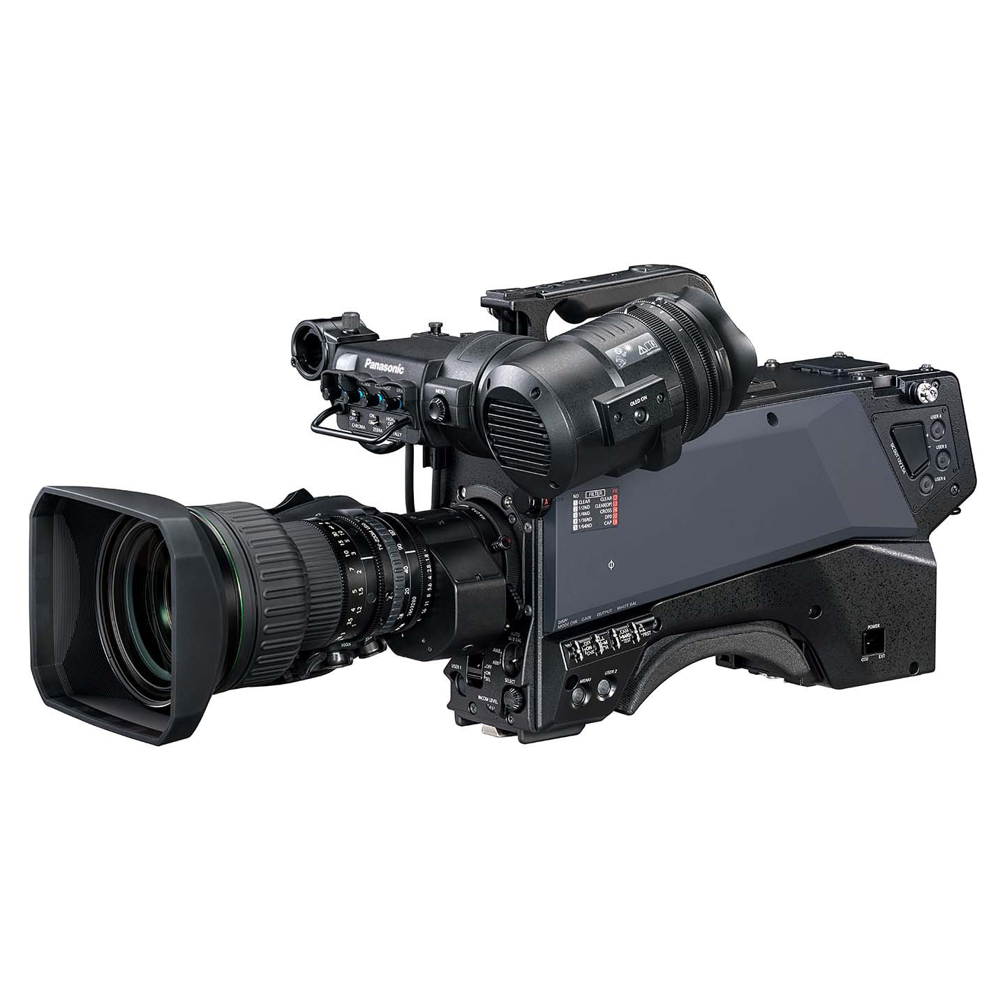 Image of full operational setup of the AK-UCX100 with attached broadcast lens and viewfinder, illustrating the camera’s ready-to-shoot studio configuration.