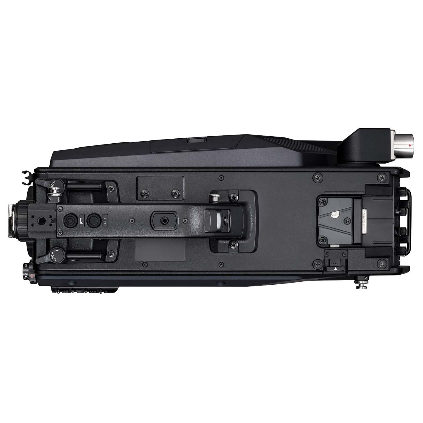Overhead view of the Panasonic AK-UCX100 showing the handle, mounting points, and top layout, designed for easy transport and accessory attachment.