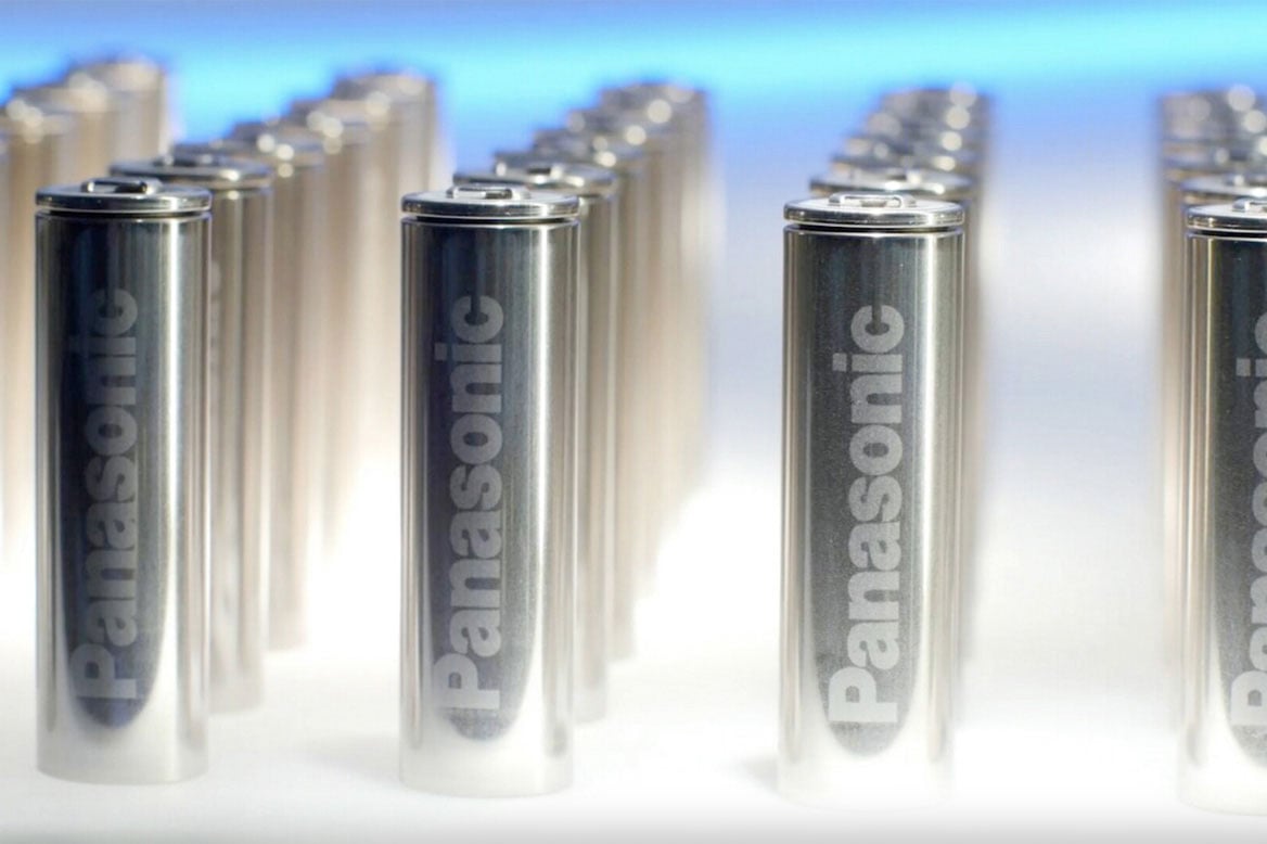 Panasonic AA batteries lined up in rows