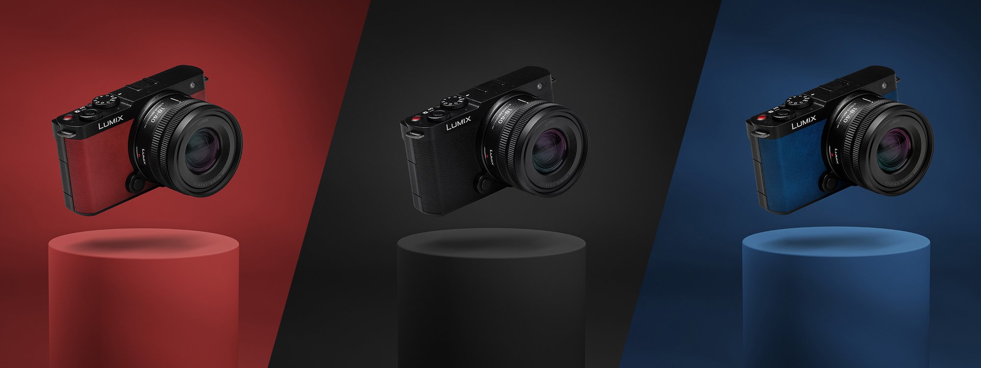 LUMIX S9 in red, black, and blue