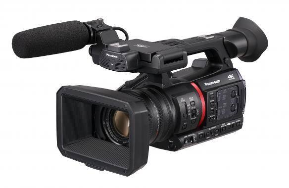 4K Panasonic handheld camcorder with microphone and LCD screen.