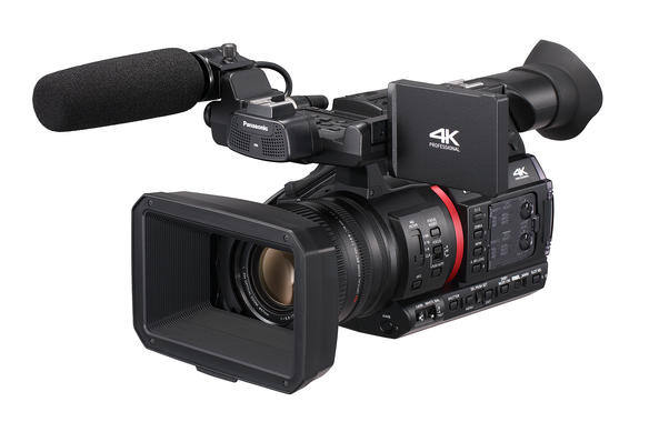 4K Panasonic handheld camcorder with microphone and LCD screen.