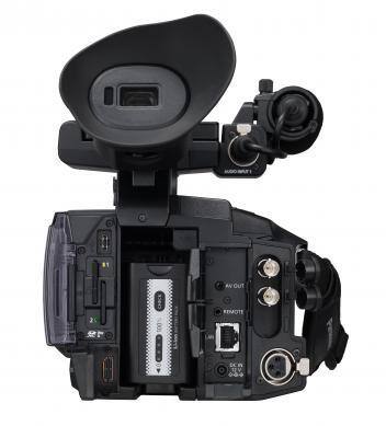 Rear view of a 4K handheld camcorder with various ports and controls.