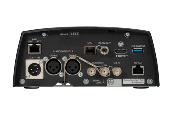 Close-up of a 4K PTZ camera's rear panel with various ports and connectors.