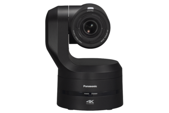 Black Panasonic 4K PTZ camera with lens facing forward.
