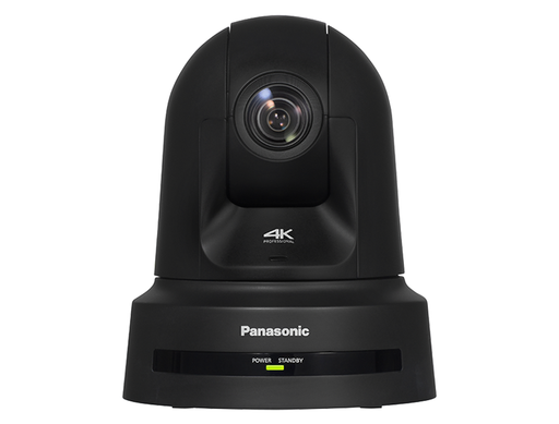 Black Panasonic 4K professional PTZ camera on a white background.