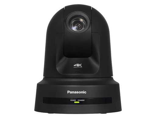 Black Panasonic 4K professional PTZ camera on a white background.