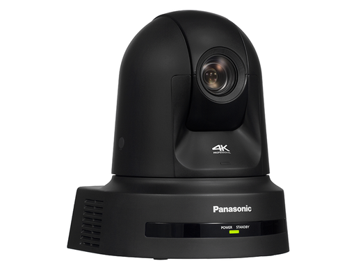 Black Panasonic 4K professional PTZ camera on a white background.