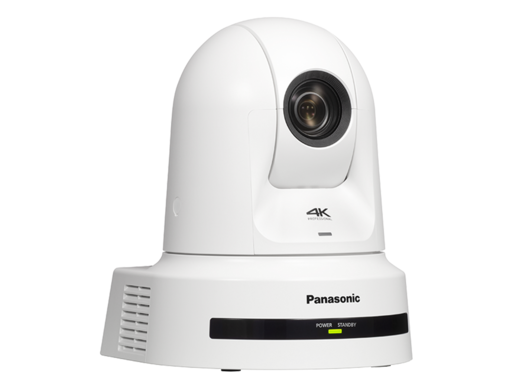 White Panasonic 4K PTZ camera with visible controls and branding.