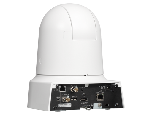 White dome-shaped professional PTZ camera with rear connectors visible.