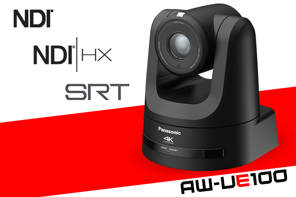 Caméra Black Panasonic 4K PTZ sur un fond rouge et blanc.