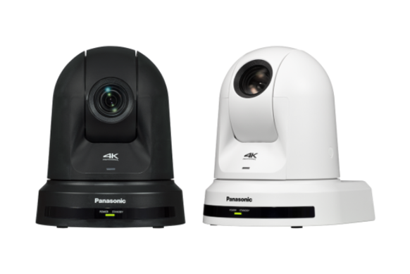 Two Panasonic 4K PTZ cameras, one black and one white.