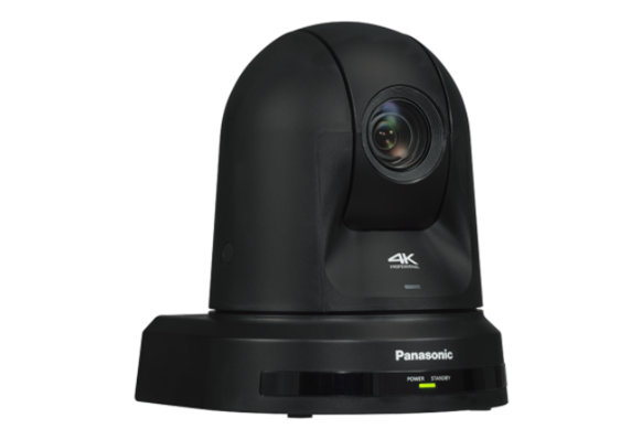 Black Panasonic 4K PTZ camera on a white background.