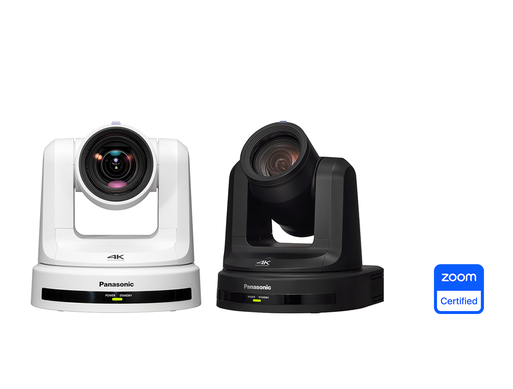 Deux appareils photo Panasonic 4K PTZ, un blanc et un noir, avec certification Zoom.