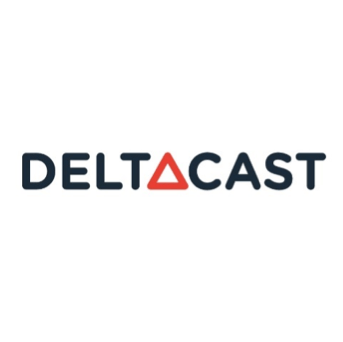 Logo de Deltacast avec le nom en noir et rouge avec un triangle rouge au-dessus de la lettre «a».
