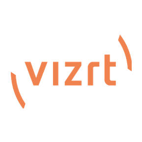 Logo vizrt avec texte orange stylisé sur un fond vert.