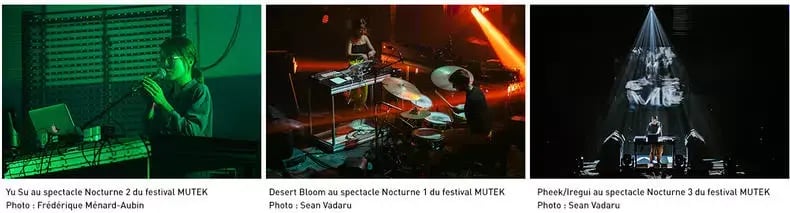 Trois images de musiciens se produisant au Mutek Festival, chacun dans différents éclairages et configurations.