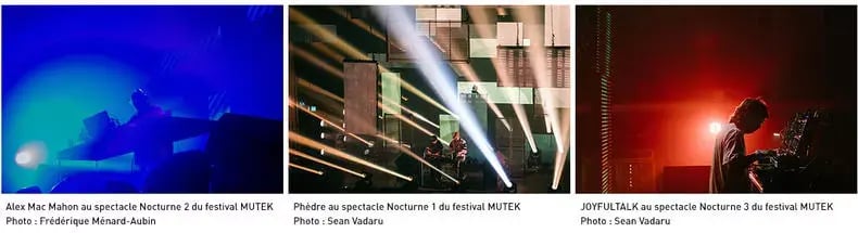 Trois scènes de concert avec un éclairage coloré et des artistes au Electronic Music Festival Mutek.