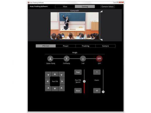 Interface vidéo du logiciel de suivi automatique de la caméra PTZ avec paramètres de contrôle.